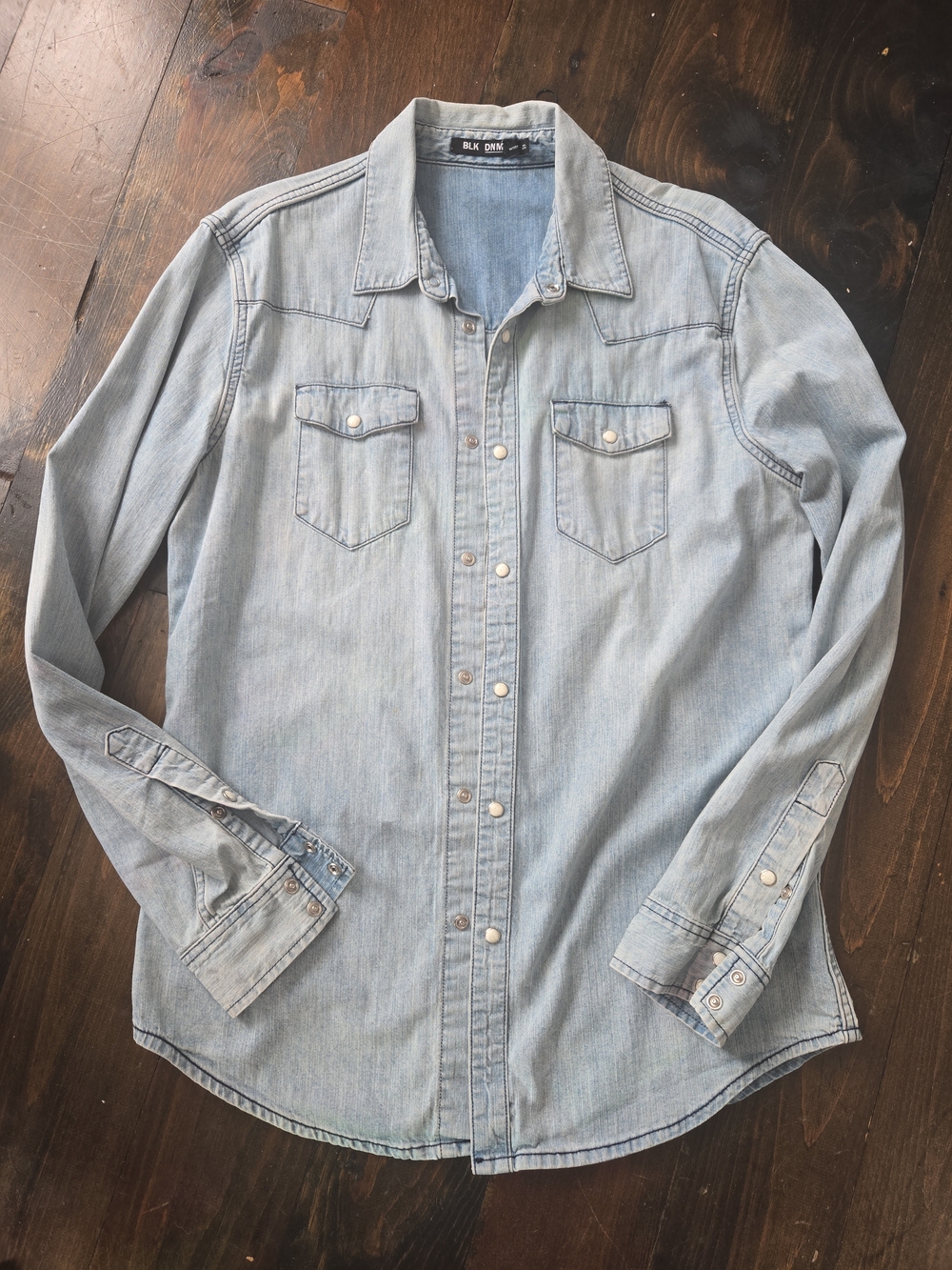 BLK DNM Blue Light Wash Denim Western Snap Shirt Men's Size L
